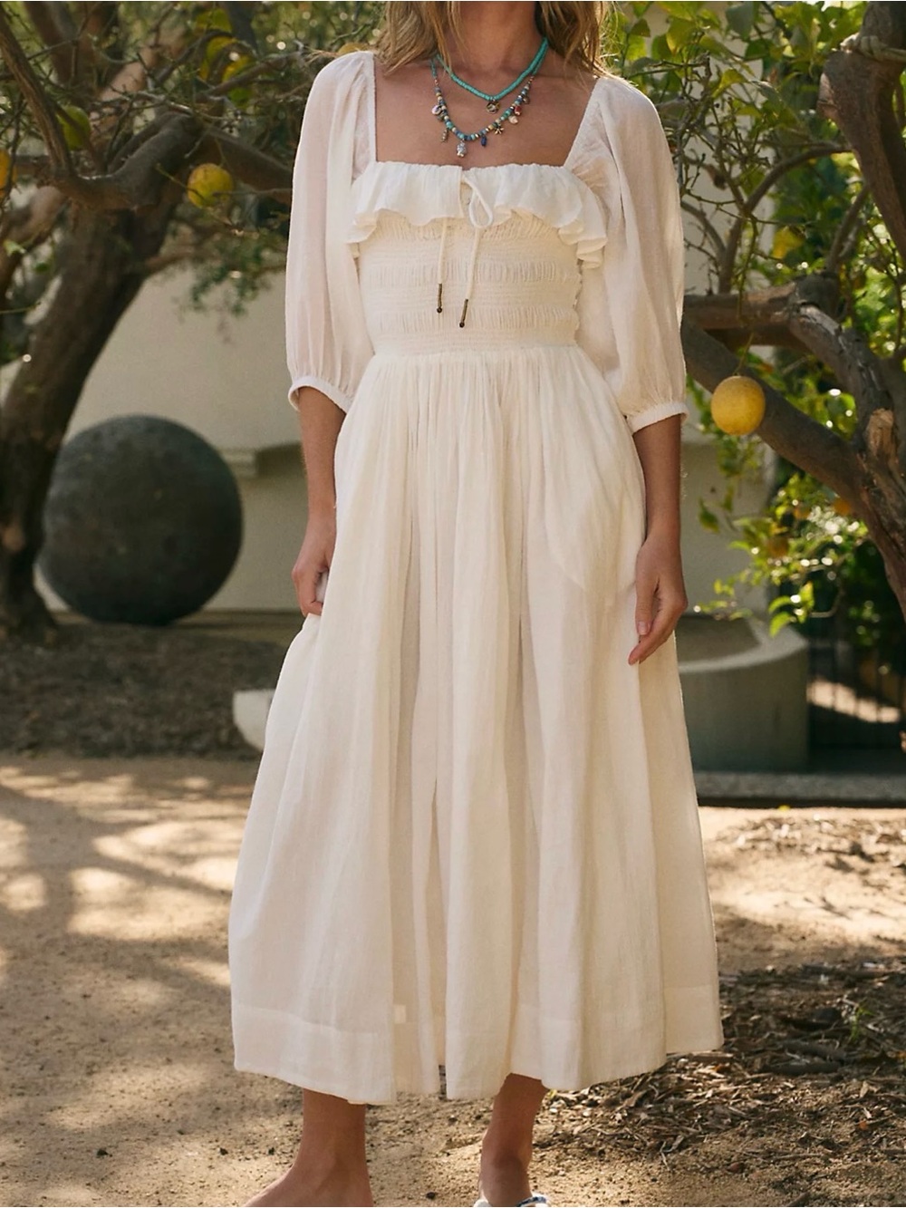 Free People Oasis Midi Dress with Smocked Bodice Medium Cream Canvas